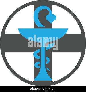Ein Symbol für die Schale von Hygienia vor einem grauen Kreuz auf weißem Hintergrund Stock Vektor