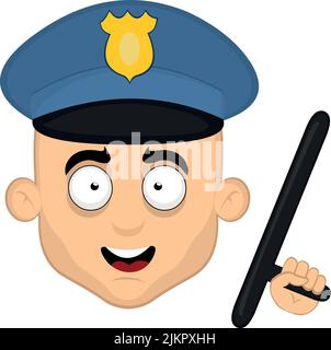 Vektor-Illustration des Gesichts eines Cartoon-Polizisten mit einem Blackjack in der Hand Stock Vektor