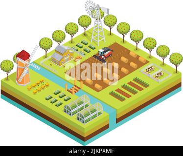 Farbige Bauernhof isometrisch mit Bauernhof-Projekt in der Pflanzung Prozess graben Die Abbildung des Erdvektors Stock Vektor