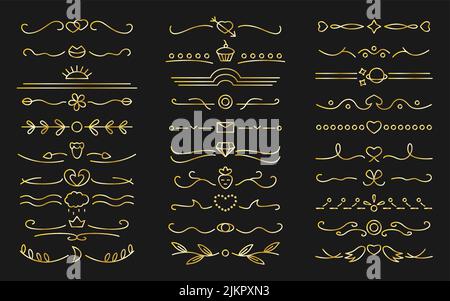 Textteiler goldener Verlauf dünne Linie Symbole gesetzt. Seitendekoration linearer Papierbruch, Buchdekoration. Vintage-Bordüren und Hochzeitsriesen. Einfaches Trennkontursymbol. Vektorgrafik Stock Vektor