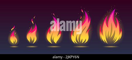 Vektor-Illustration Satz von wachsenden Feuer Flammen Symbole auf dunklem Hintergrund. Flamme in verschiedenen Formen, Vektor. Stock Vektor
