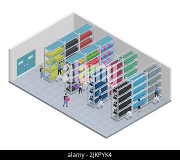 Farbige Kleidung nähen isometrische Zusammensetzung mit Menschen, die bei arbeiten Eine Vektorgrafik des Werks Stock Vektor
