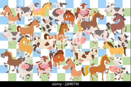 Cartoon-Illustrationen von Kühen und Pferden Bauernhof Tierfiguren Set oder Papierpaket oder Stoff-Design Stock Vektor
