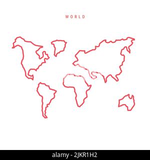 Weltweit editierbare Übersichtskarte. Erdkontinente rote Grenze. Ländername. Linienstärke anpassen. Zu einer beliebigen Farbe wechseln. Vektorgrafik. Stock Vektor
