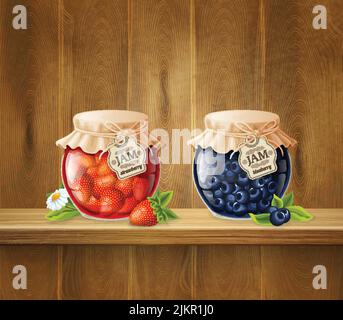 Gläser mit Erdbeere und Heidelbeermarmelade verziert Blume im Regal Auf Holzplanken Hintergrund 3D Vektor-Illustration Stock Vektor