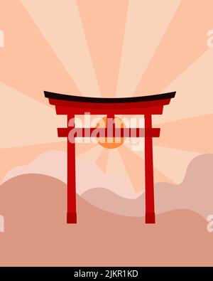 Torii-Tor mit aufgehender Sonne und Bergen im Hintergrund Landschaftsvektorillustration, traditionelles japanisches religiöses und kulturelles Symbol, Touristenattraktion, Bild für Plakat, Hintergrund Stock Vektor