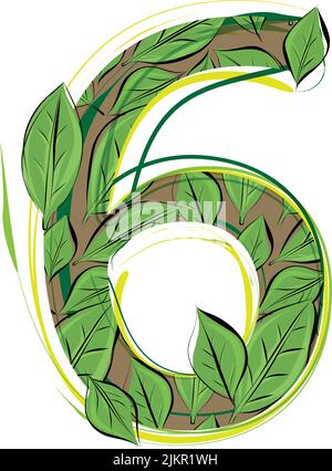 Grünes Blatt Alphabet Vektor Illustration Zahl 6 Stock Vektor