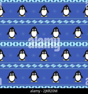 Muster mit einem niedlichen Pinguin auf blauem Hintergrund. Vektorgrafik. Für Kinderprodukte, Verpackungsmaterialien, Drucke und Umschläge, Broschüren und f Stock Vektor