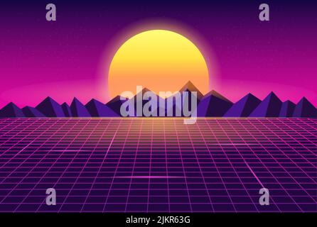 Synthwave Retrowave Sonne Beleuchtete Glühende Berge Drahtmodell Landschaft Illustration Hintergrund Stock Vektor