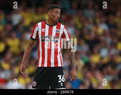 Watford, England, 1.. August 2022. Daniel Jebbison von Sheffield Utd beim Sky Bet Championship-Spiel in der Vicarage Road, Watford. Bildnachweis sollte lauten: Simon Bellis / Sportimage Stockfoto