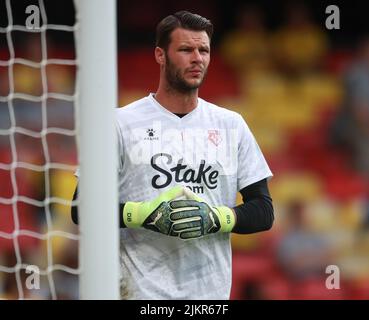 Watford, England, 1.. August 2022. Daniel Bachmann aus Watford während des Sky Bet Championship-Spiels in der Vicarage Road, Watford. Bildnachweis sollte lauten: Simon Bellis / Sportimage Stockfoto