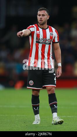 Watford, England, 1.. August 2022. George Baldock von Sheffield Utd während des Sky Bet Championship-Spiels in der Vicarage Road, Watford. Bildnachweis sollte lauten: Simon Bellis / Sportimage Stockfoto