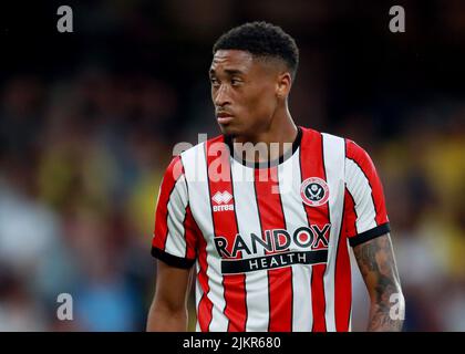 Watford, England, 1.. August 2022. Daniel Jebbison von Sheffield Utd beim Sky Bet Championship-Spiel in der Vicarage Road, Watford. Bildnachweis sollte lauten: Simon Bellis / Sportimage Stockfoto