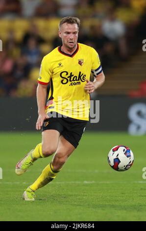 Watford, England, 1.. August 2022. Tom Cleverley aus Watford während des Sky Bet Championship-Spiels in der Vicarage Road, Watford. Bildnachweis sollte lauten: Simon Bellis / Sportimage Stockfoto