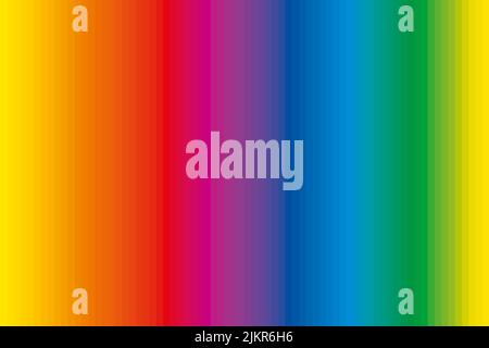 Farbkontrollstreifen mit komplementären Farben. Erweitertes Spektrum von 72 regenbogenfarbenen Streifen, einzigartige Farbtöne in einer Reihe, abgeleitet von einem Farbrad. Stockfoto