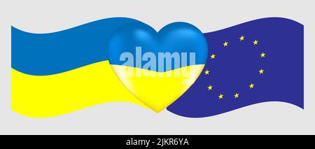Vektorzeichnung Volumenherz in den Farben der ukrainischen Flagge und Flaggen der Ukraine und der Euro union Stock Vektor
