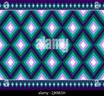 Violett Grün Symmetrie Rhomboid geometrische Ethnische nahtlose Muster-Design auf violettem Hintergrund. Östliche Stickerei Stock Vektor