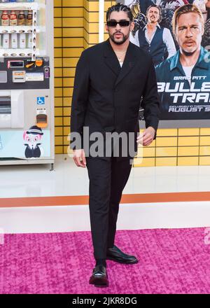 WESTWOOD, LOS ANGELES, KALIFORNIEN, USA - 01. AUGUST: Der puertoricanische Rapper Bad Bunny (Benito Antonio Mart’nez Ocasio) mit Dior-Anzug kommt bei der Premiere von Sony Pictures „Bullet Train“ an, die am 1. August 2022 im Regency Village Theatre in Westwood, Los Angeles, Kalifornien, USA, stattfand. (Foto von Image Press Agency) Stockfoto