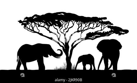 Schwarze Silhouetten von Elefanten in Afrika. Vektorgrafik Stock Vektor