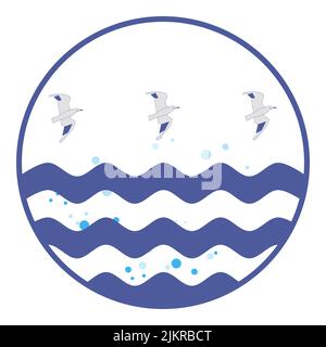 Blau-weißer, kreisförmiger nautischer Druck. Drei Möwen fliegen über blaue Meereswellen. Luftblasen steigen durch Wasser. Wasserspritzer streuen über die Ozeane Stock Vektor