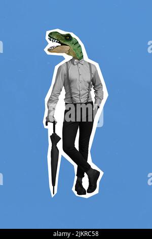 Vertikale Poster Collage von Kerl Dinosaurier statt Kopf schwarz weißen Filter isoliert auf Zeichnung blauen Hintergrund Farbe Stockfoto