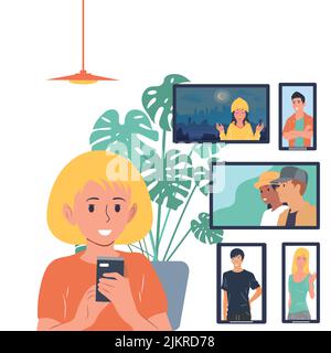Konzept der Online-Videokonferenz.Internetkommunikation. Menschen kommunizieren über Telefon und Laptop. Stock Vektor