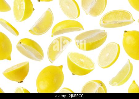 Nahtloses Muster fliegender gelber Zitronen auf weißem Hintergrund. Verpackungsdesign Stockfoto