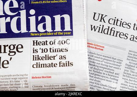 "Hitze von 40 Grad ist '10 Mal wahrscheinlicher', da das Klima versagt", titelt der Artikel der Zeitung Guardian auf der Titelseite 29. Juli 2022 London England Großbritannien Stockfoto