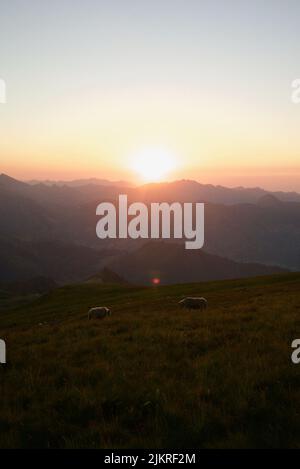 Sonnenuntergang auf einem Berg - Pic du Cabaliros, Nationalpark der Pyrenäen. Hautes-Pyrénées, Region Okzitanien, Frankreich. Inspirierender goldoranger Sonnenuntergang. Stockfoto