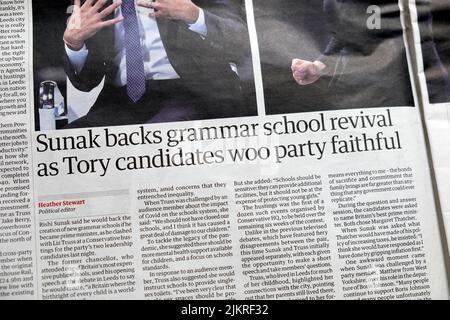 Rishi 'Sunak unterstützt die Wiederbelebung des Gymnasiums, während Tory-Kandidaten Parteitreue anwerben' Headline-Artikel der Guardian-Zeitung vom 29.. Juli 2022 London England Großbritannien Stockfoto