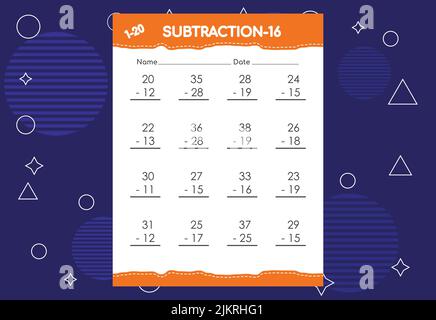 Arbeitsblatt zur Subtraktion für Kinder. Pädagogische mathematische Aktivitäten Arbeitsblatt für Kinder Stock Vektor