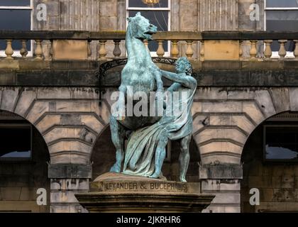 Statue von Alexander und Bucephalus, von John Steell, vor den City Chambers, Edinburgh, Schottland, Großbritannien. Stockfoto