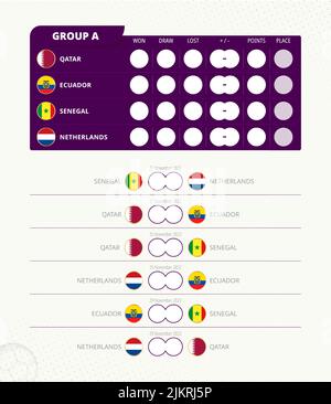Gruppe Eine Anzeigetafel des World Football 2022 Turniers. Alle Spiele entsprechen dem Zeitplan. Vektorflagge der Gruppe A. Stock Vektor