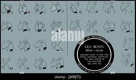 Eine alte Karte, die die alphabetische Handzeichensprache RNID (Royal National Institute for the Deaf - previously Action on Hearing Loss) zeigt. Inset ist eine Gedenktafel der City of Westminster, London, die an Leon Bonn (1850-1929) und das Gebäude erinnert, in dem er die R.N.I.D. gründete. Das Royal National Institute for Deaf People wurde ursprünglich 1911 von Leo Bernard William Bonn, Lord of the Manor of Newbold Revel), einem tauben Bankier, als nationales Büro zur Förderung des allgemeinen Wohlerbes der Gehörlosen gegründet. Der Philanthrope nutzte den Ballsaal seines eigenen Hauses, im Bonner Haus, 22 Upper Brook St. Stockfoto