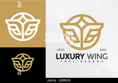 Ein digitales Illustrationsdesign einer Firmenlogo-Vorlage mit einem luxuriösen Flügel in Gold, Weiß und Schwarz Stock Vektor