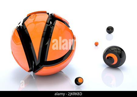 3D Kugeln auf einem leeren weißen Hintergrund in orange-schwarzen Farben Stockfoto