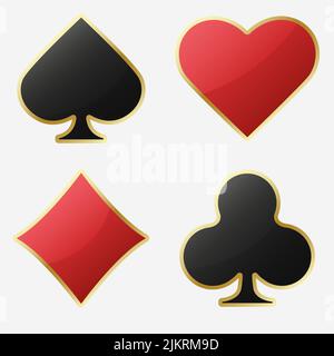 Herzen Karo Clubs Pik Zeichen realistische Chips. Glänzende Spielkarten-Suit-Symbole mit goldenem Rand. Vektor-Illustration Karte Zeichen auf weiß isoliert Stock Vektor