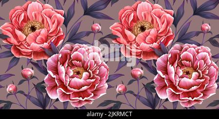 Nahtloses Blumenmuster. Botanische Tapete mit realistischen Pfingstrosen, dunkler Hintergrund. Vintage handgezeichnete Blumen, Knospen, Blätter für Tapeten, Stoffe Stockfoto