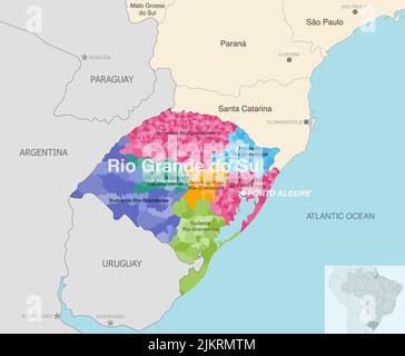 Brasilianischer Staat Rio Grande do Sul Verwaltungskarte mit Gemeinden in den einzelnen Bundesstaaten (Mesoregionen) Stock Vektor