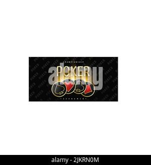 Banner für Pokerturniere. Poker-Logo mit Spielkarten-Spielchips. Keulen, Diamanten, Pik, Herzen auf schwarzem Hintergrund. Vektorgrafik. Stock Vektor
