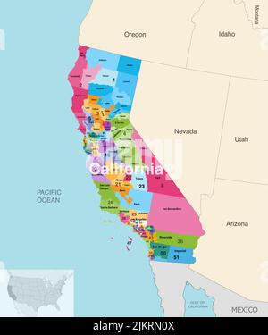 Kalifornische Landkreise, die von Kongressbezirken gefärbt sind, Vektorkarte mit benachbarten Bundesstaaten und Terrotorien Stock Vektor