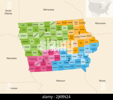 Von Kongressbezirken gefärbte Iowa-Grafschaften Vektorkarte mit benachbarten Bundesstaaten und Terrotorien Stock Vektor