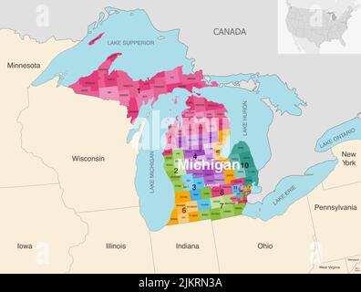 Michigan State Counties von Kongressbezirken farbige Vektorkarte mit benachbarten Bundesstaaten und Terrotorien Stock Vektor