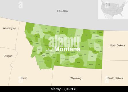 Montana State Counties Vektorkarte mit Nachbarstaaten und Terrotorien Stock Vektor