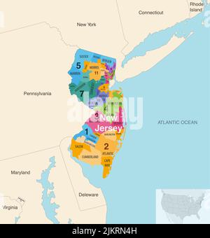 New Jersey State Counties von Kongressbezirken farbige Vektorkarte mit benachbarten Staaten und Terrotorien Stock Vektor