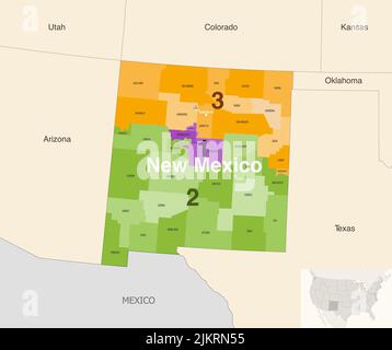 New Mexico State Counties von Kongressbezirken farbige Vektorkarte mit benachbarten Bundesstaaten und Terrotorien Stock Vektor