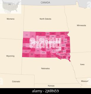 South Dakota State Counties Vektorkarte mit Nachbarstaaten und Terrotorien Stock Vektor