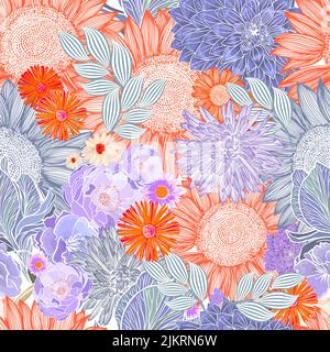 Nahtloser Blumenhintergrund. Vektorgrafik. Moderner floraler Hintergrund. Modischer Folk-Style. Stock Vektor