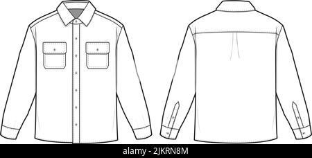 Flanell Kragenknopf Hemd Vektor Mode flach Technische Zeichnung Illustration Blank Mock-up-Vorlage für Design und Tech Packs CAD Technische Skizze Stock Vektor