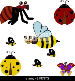 Symbole für Insektenset, Marienkäfer, Hummel, Biene, Schmetterling, Rote Ameise und Gelb Stock Vektor
